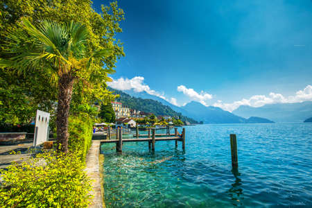 WEGGIS, SWITZERLAND - August 20, 2018 - Village Weggis, lake Lucerne (Vierwaldstatersee), Pilatus mountain and Swiss Alps in the background near famous Lucerne (Luzern) city, Switzerlandのeditorial素材