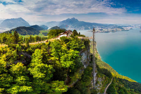 Hammetschwand elevator in Alps near Burgenstock with the view of Swiss Alps and Vierwaldstattersee, Switzerland, Europe.の写真素材