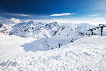 View of Tonale ski resort with Rhaetian Alps, Tonale pass, Italy, Europe.の写真素材
