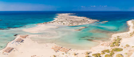 Aerial view of Elafonissi beach on Crete island with azure clear water, Greece, Europe. Crete is the largest and most populous of the Greek islands.の写真素材