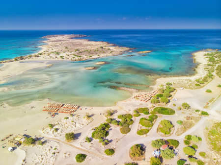 Aerial view of Elafonissi beach on Crete island with azure clear water, Greece, Europe. Crete is the largest and most populous of the Greek islands.の写真素材
