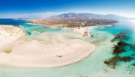 Aerial view of Elafonissi beach on Crete island with azure clear water, Greece, Europe. Crete is the largest and most populous of the Greek islands.の写真素材