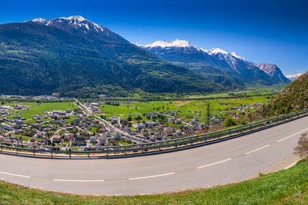 Leuk town near Leukerbad with Swiss Alps, Canton Wallis, Switzerland.の写真素材