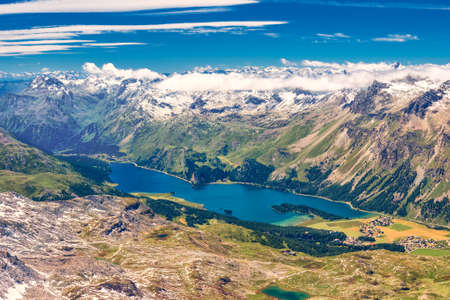 Stunning view of Silsersee, Silvaplanersee, Engadin and Maloja from Corvatsch mountain, Switzerland,...