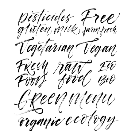 Collection of words: vegetarian, vegan, green menu, bio, eco, organic, raw food, pesticides, gluten free, milk. Hand drawn brush style modern calligraphy. Vector ink illustration.のイラスト素材