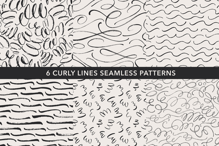 Curly lines hand drawn seamless patterns set. Ink brush grunge vector texture. Black curls, swirls background. Paint brushstrokes filigree, flourish drawing. Abstract wrapping paper, textile design.のイラスト素材