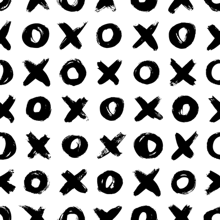 Vector seamless pattern with hand drawn noughts and crossess. Tile X O ink brush texture. Tic tac toe grunge background design. Geometric wrapping paper, textile vector fill.のイラスト素材