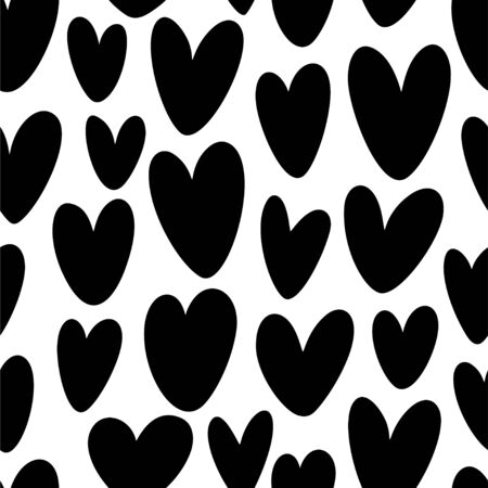 Heart silhouette seamless pattern. Black and white ornament. Hand drawn love icons. Monochrome ink illustration. Background for Valentine's day or wedding.のイラスト素材
