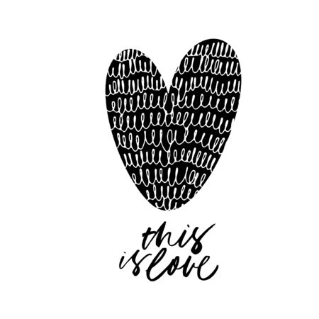 This is love phrase with big black heart. Doodle element, curly lines. Romantic ink, paint brush stroke freehand quote. Inspirational banner, poster, greeting card, print design element.のイラスト素材