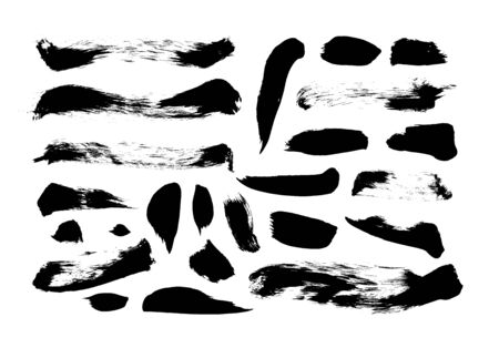 Grunge hand drawn black smears vector illustrations set. Dry brush strokes collection isolated on white background. Dirty, rough ink minimalist drawings. Monochrome paintbrush design elementsのイラスト素材