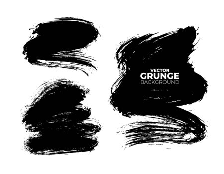 Paint brush strokes abstract vector background. Black ink grunge smears textures set. Decorative rough, dirty monochrome stains isolated on white. Minimal brushstrokes shapes graphic elementsのイラスト素材