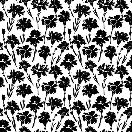 Carnation flower seamless pattern. Abstract brush strokes flowers background. Chamomile, daisy, chrysanthemums blooming. Ink drawing illustration. Monochrome ink brush vector texture. Wrapping paperのイラスト素材