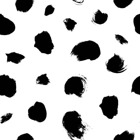 Rough and dirty black paint smudges vector seamless pattern. Grunge ink scattered stains decorative texture. Monochrome white background with spots. Minimal hand drawn wallpaper, textile print designのイラスト素材