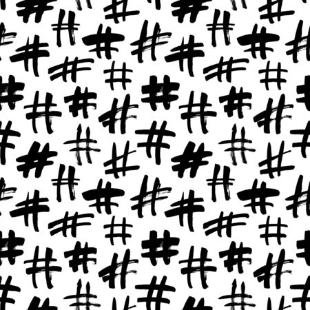 Hashtag grunge vector seamless pattern. Hand drawn ink illustration. Background with social media...
