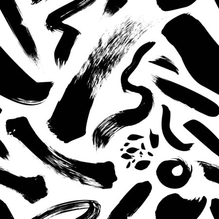 Swirls, brush strokes and dots vector seamless pattern. Hand drawn ink abstract background. Wavy brushstrokes, smears, circles, blots and splotches. Texture for wallpaper, wrapping paper, textile.のイラスト素材