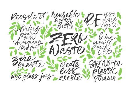 Zero waste handwritten vector letterings set with leaves. Reduce, reuse, recycle, say no to plastic, create less waste. Nature protection, pollution reduce movement quotes isolated on whiteのイラスト素材