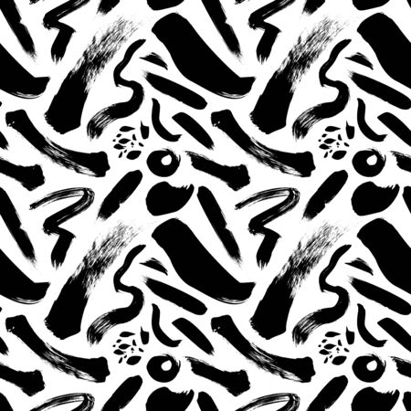 Swirls, brush strokes and dots vector seamless pattern. Hand drawn ink abstract background. Wavy brushstrokes, smears, circles, blots and splotches. Texture for wallpaper, wrapping paper, textile.のイラスト素材