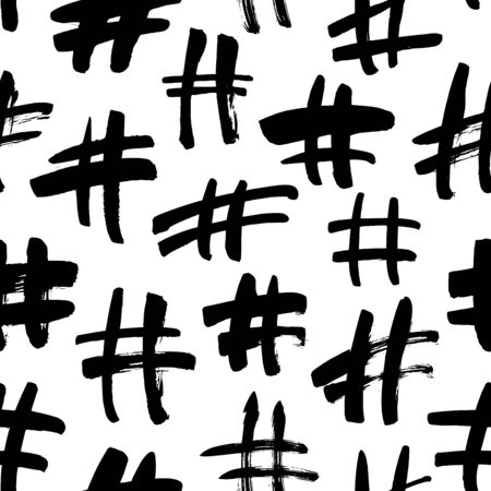 Black paint hashtags vector seamless pattern. Modern social media sign freehand charcoal texture. Grungy monochrome internet tags decorative background. Grunge wallpaper, textile designのイラスト素材
