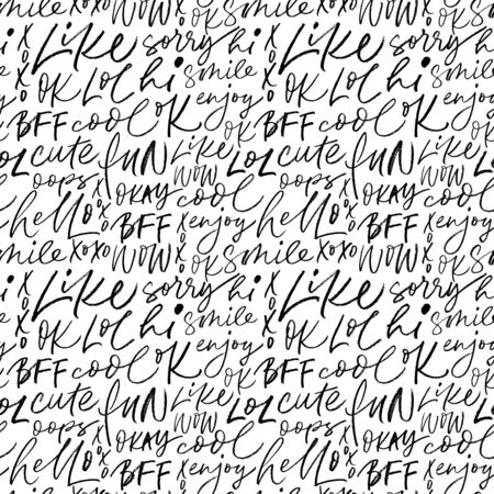 Short slang youth words vector seamless pattern. Vector hand drawn modern brush pen calligraphy. Like, xoxo, fun, hello, WOW, LOL, Ok, sorry, cute, hi, hello, smile, oops, enjoy, okay, BFF, cool.のイラスト素材