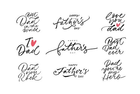 Happy Father's day calligraphy greeting cards. Modern vector brush calligraphy collection. Happy Father's Day typography design, hand drawn lettering. Brush pen holiday lettering isolated on white.のイラスト素材