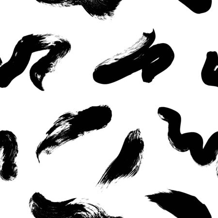 Wavy and swirled brush strokes vector seamless pattern. Black paint freehand scribbles, abstract ink background. Brushstrokes, smears, lines, squiggle pattern. Abstract wallpaper design, textile printのイラスト素材