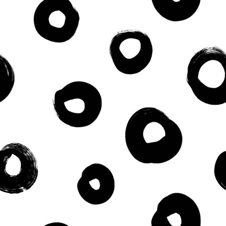 Circle grunge seamless vector pattern. Brush strokes, polka dot, rounded outline shapes. Hand drawn abstract ink background. Smears, circles, splotches, blobs. Abstract wallpaper design, textile printのイラスト素材