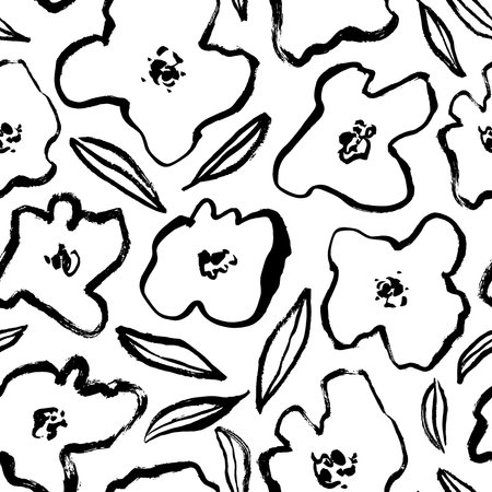 Abstract doodle pattern with black floral motif.のイラスト素材