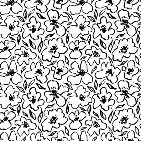 Hand drawn charcoal line flowers seamless pattern.のイラスト素材