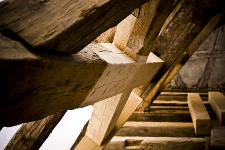 carpenters work at an historic building. Fixed wooden frameworkの写真素材