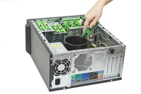 open computer getting upgrade. isolated on whiteの写真素材