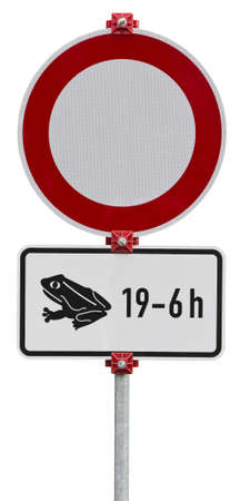No through road  because of frogs. Round sign. Isolated on white with clipping pathの写真素材
