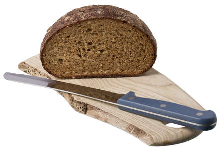 brown bread on shelf with knife isolated on white backgroundの写真素材
