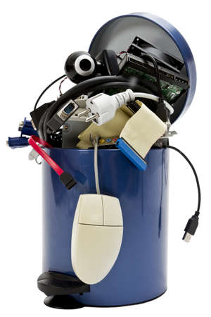 small trashcan with electronic waste on white background