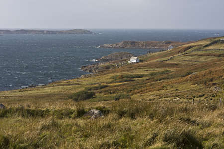 coastal landscape in northern scotland with grass in frontの写真素材