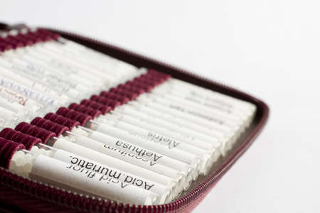 midwifes equipment. many homeopathic globule ordered by name. No product names, just common names of homeopathic medicineの写真素材
