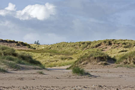 dunes in north scotland with grass and hills in the backgroundの写真素材