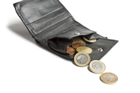 loose cash falling out of black wallet in white background