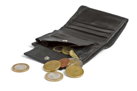 loose cash falling out of black wallet in white backgroundの写真素材
