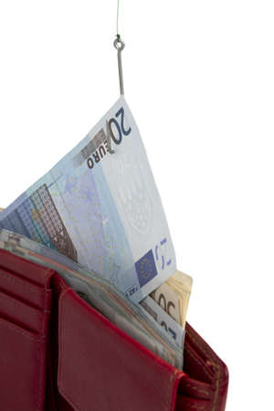 stealing money out of wallet with hook - vertical imageの写真素材