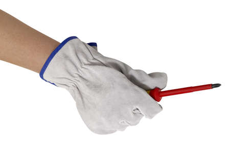 hand gloved with a light grey working glove holding a screwdriver Studio shot in white backの写真素材