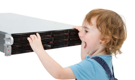 child opening hot swap tray on modern network server  isolated on white backgroundの写真素材