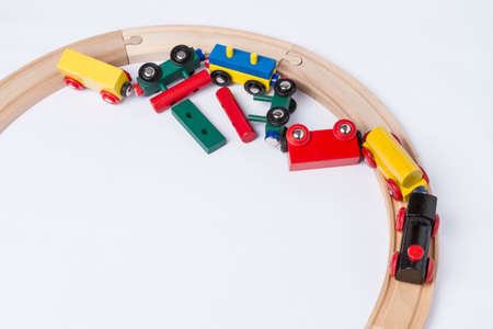 derail wooden toy train in top view  horizontal imageの写真素材