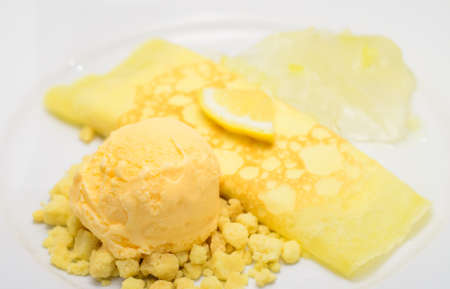 Ice cream melon and crape on dishの写真素材