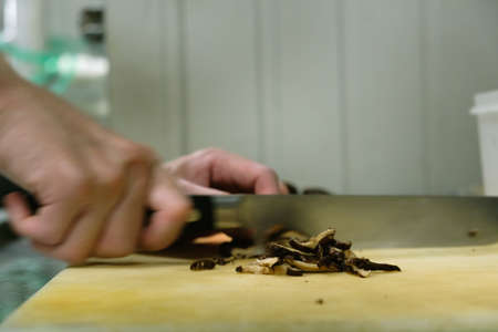 Chef cutting mushroom on cutting boardの写真素材