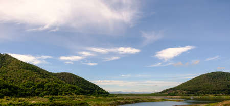 Landscape of barrage and nature with blue skyの写真素材