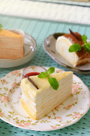Crape cake and Peppermint,soft cake in dishの写真素材