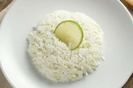 Cilantro lime in white dish,lemon on riceの写真素材