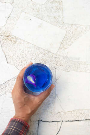Hand hold butterfly pea water on white table with copy spaceの写真素材