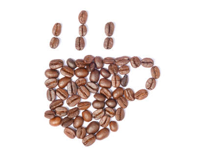 Place the coffee bean into a cup of coffee.isolated white backgroundの写真素材