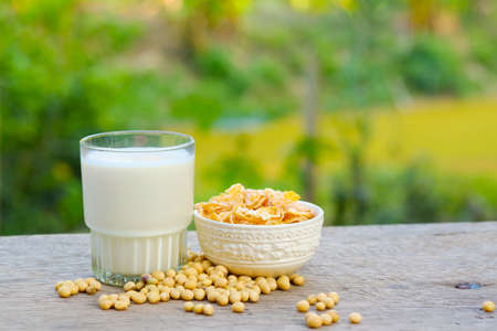 Soymilk in glass on the table with copy space.breakfast concept.soybeans dry on table